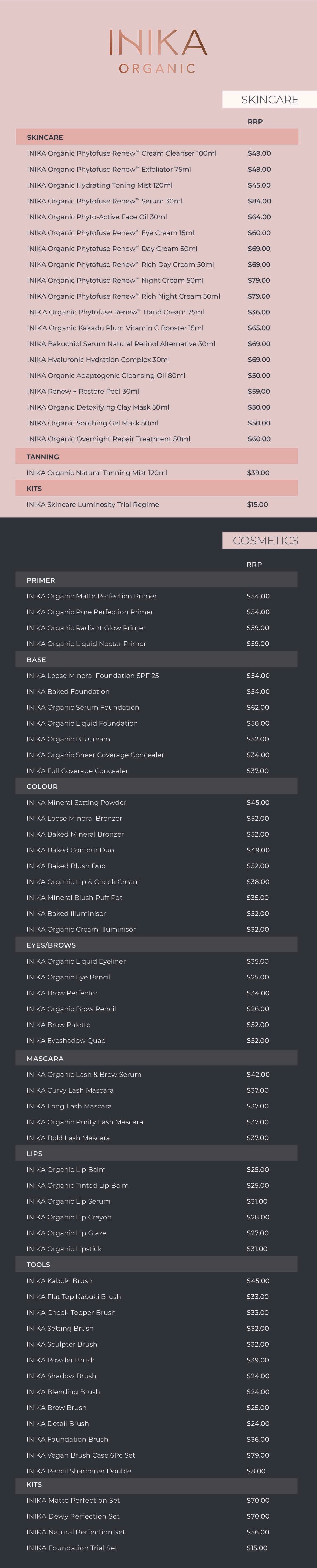 Price list for INIKA Organic skincare and cosmetics, showcasing products like cleansers, serums, foundations, and brushes in a stylish layout.